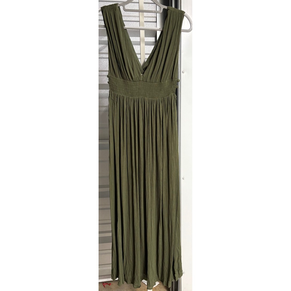 Just Found Olive Green Crinkle Maxi Dress Smocked Waist Cutout XL